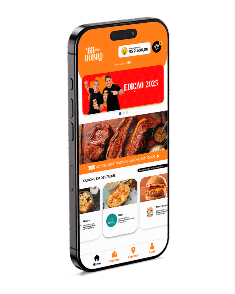 App BH em Dobro: tela inicial, mapa interativo e lista de cupons